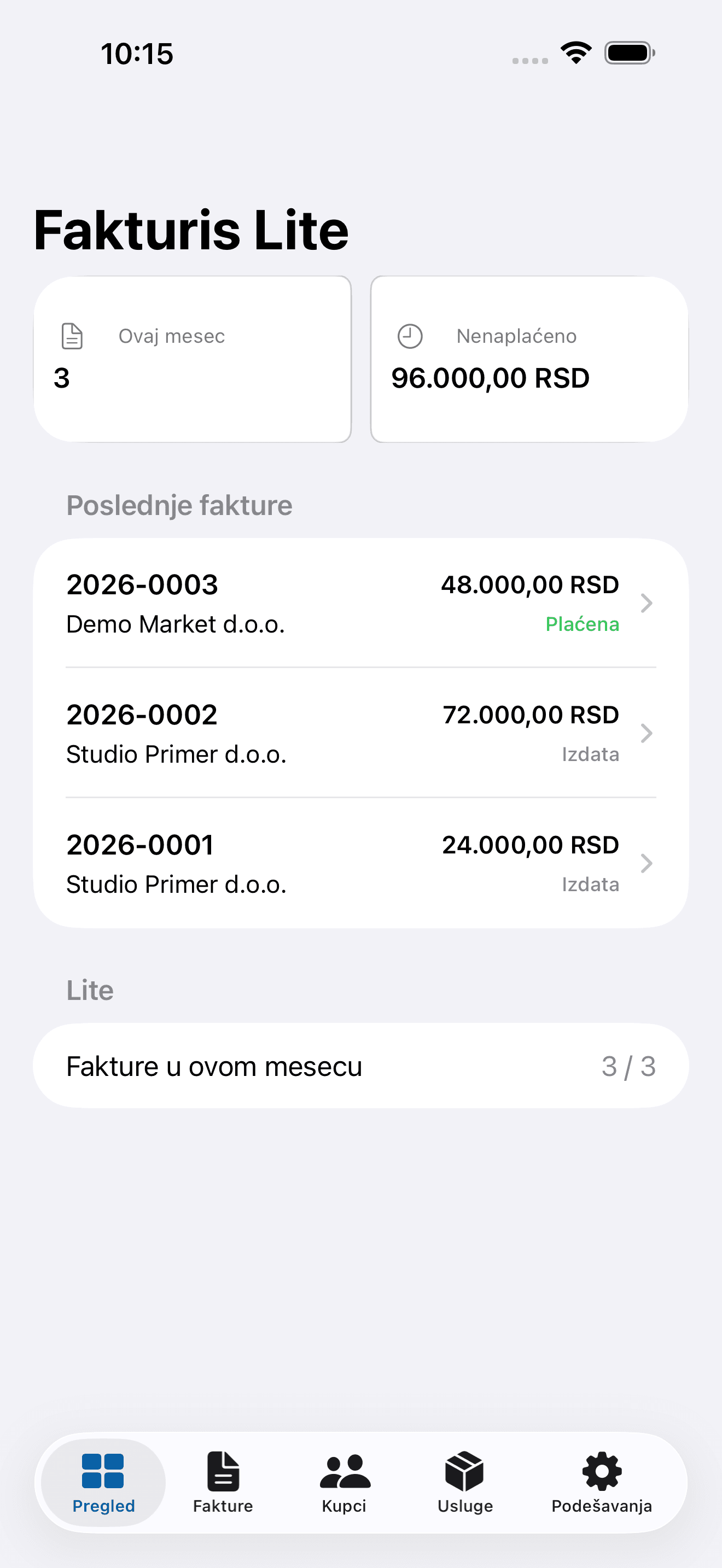 Fakturis Lite pregled poslovanja